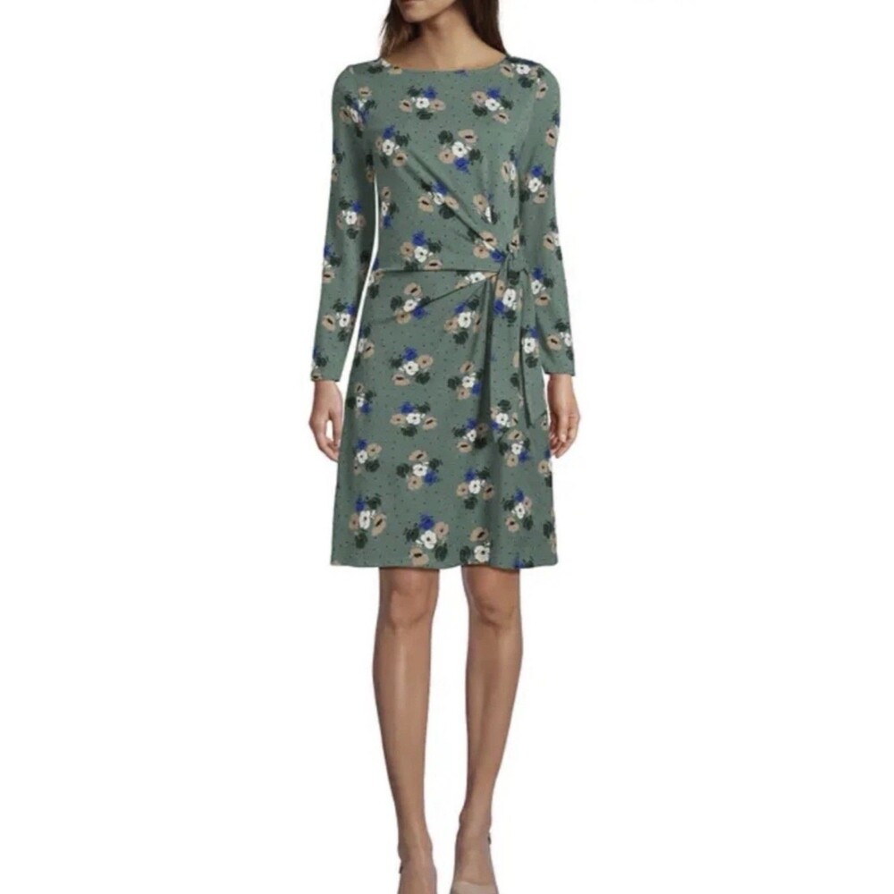 Lands End Waist Tie Midi Evergreen Multi Dot Floral Dress Long Sleeve L (14-16)